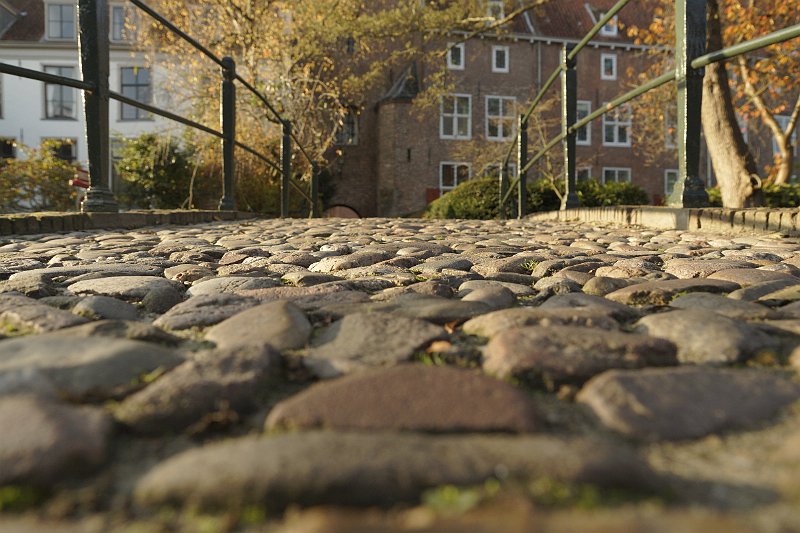 AA01.JPG - Het is een hobbelig straatje, maar dit camerastandpunt benadrukt het nog eens extra. Een goede belichting en door de voorste rijen stenen en de huizen op de achtergrond niet scherp te hebben wordt het gevoel van afstand nog extra benadrukt. Dit effect is te bereiken door een groot diafragma gat (klein getal) te gebruiken.